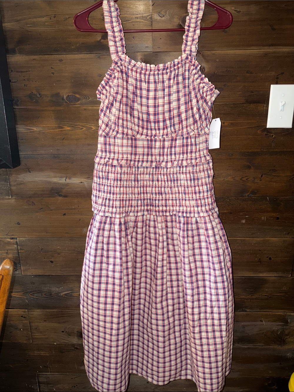 Time and Tru Red, Cream and Blue Plaid Smocked Midi Dress